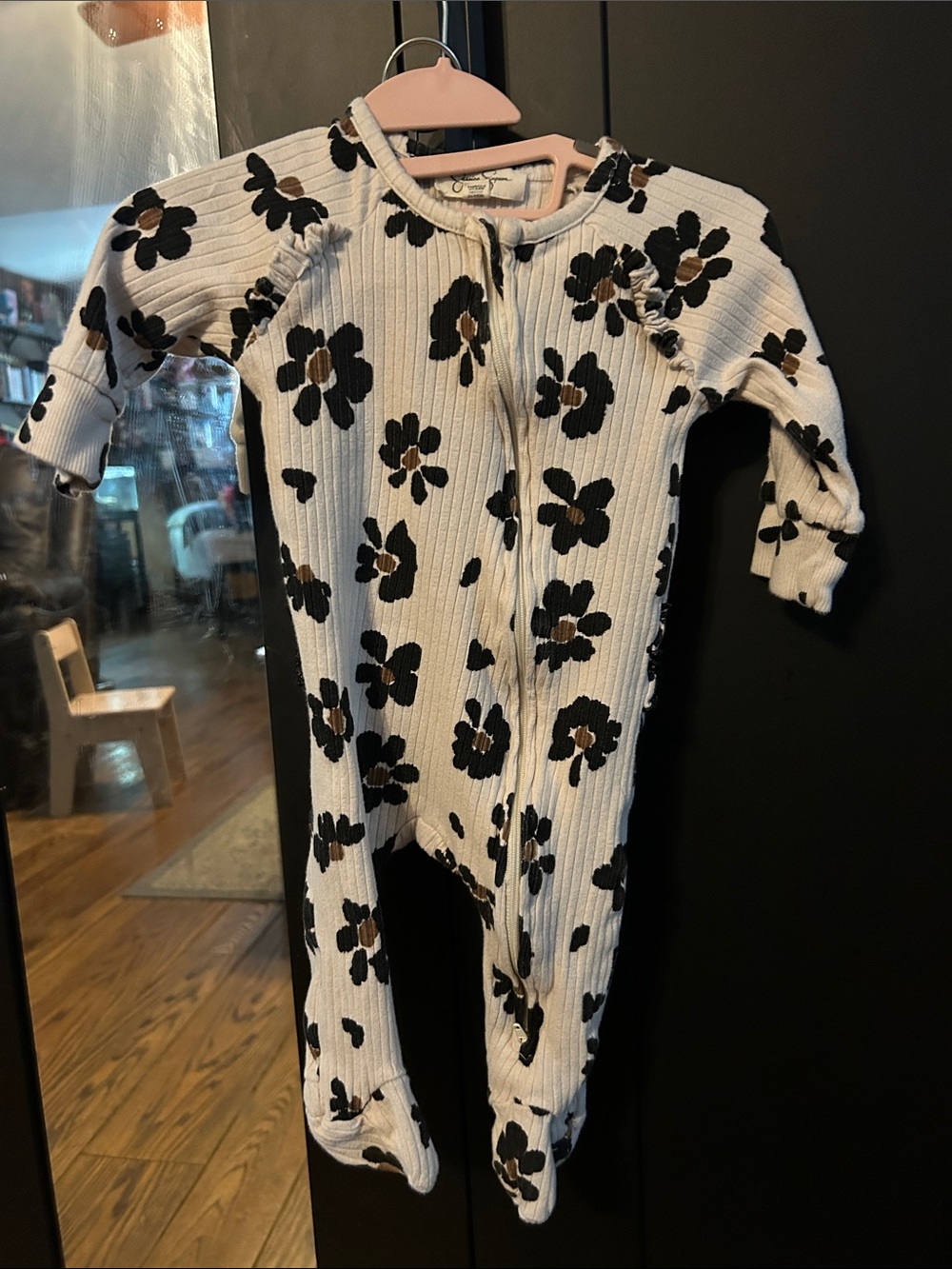 Tan Ribbed One-Piece with Black and Brown Floral Print